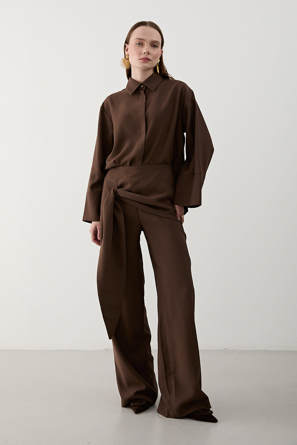 Kahverengi Beli Detaylı Pantolon Gömlek Takım - 8862