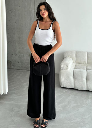 Siyah Beli Lastikli Pamuklu Keten Pantolon
