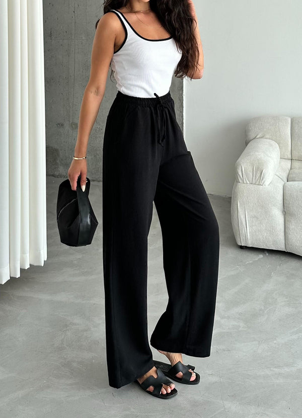 Siyah Beli Lastikli Pamuklu Keten Pantolon