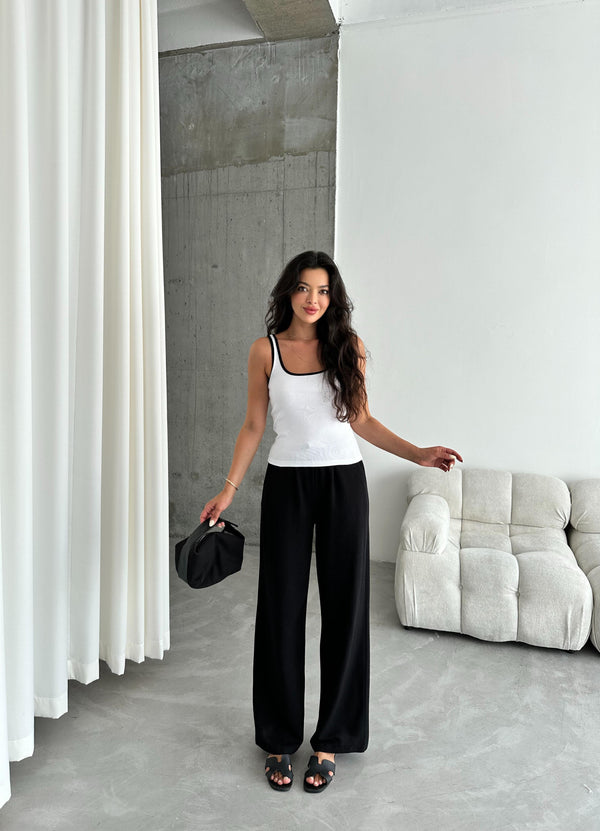 Siyah Beli Lastikli Pamuklu Keten Pantolon