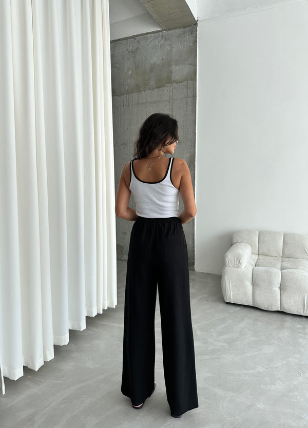 Siyah Beli Lastikli Pamuklu Keten Pantolon