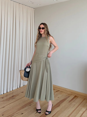 Haki Beli Şal Detaylı Elbise - 3421