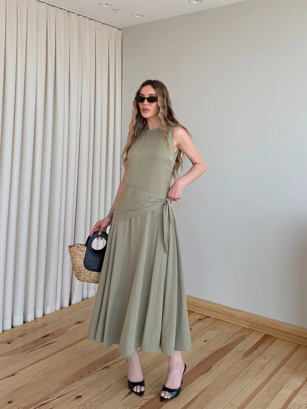 Haki Beli Şal Detaylı Elbise - 3421