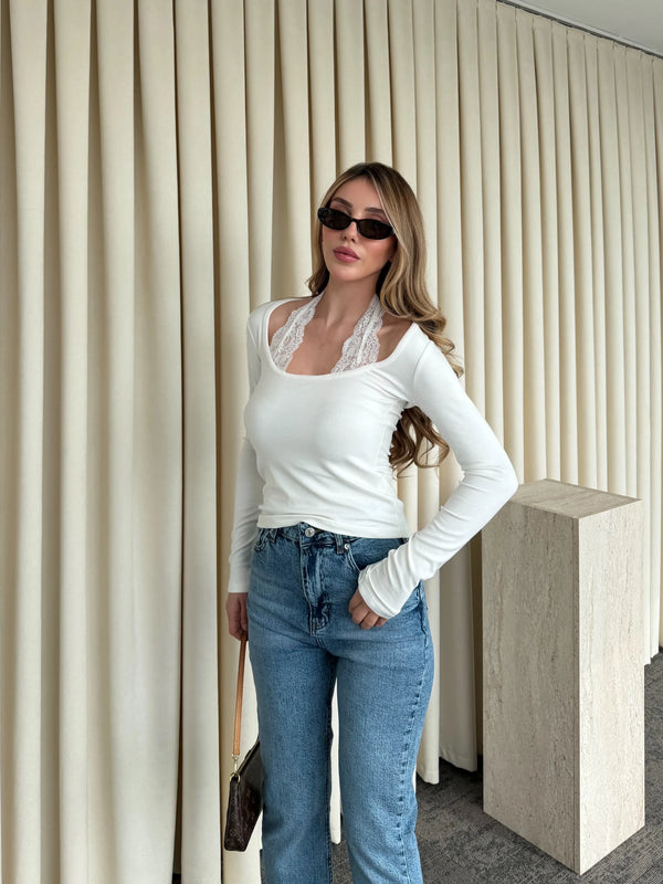 Açık Ekru Boyundan Dantelli Bluz - 261017