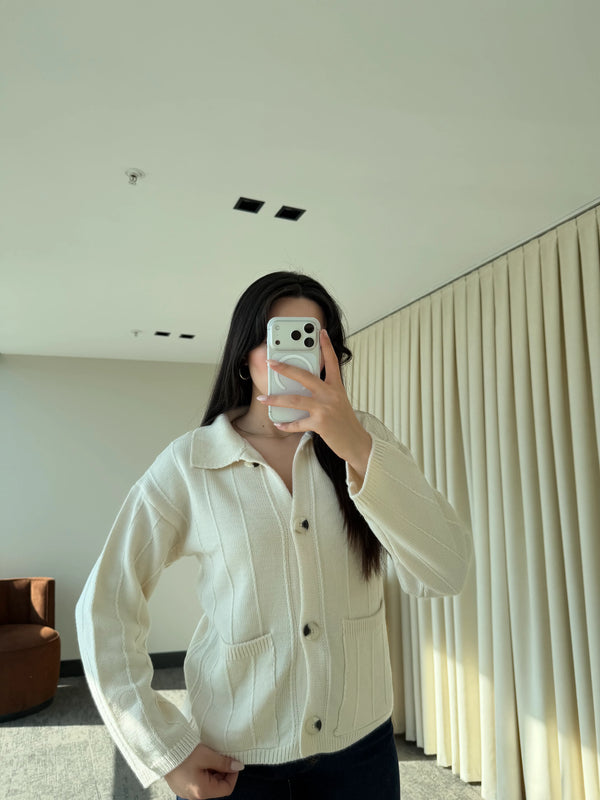 Ekru Büyük Cepli Hırka - 9011