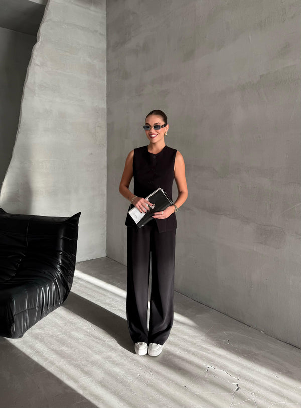 Siyah Camille Klasik Düğmeli Yelek Pantolon Takım