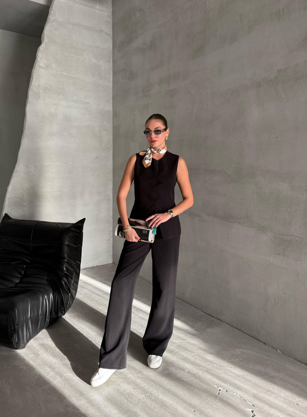 Siyah Camille Klasik Düğmeli Yelek Pantolon Takım