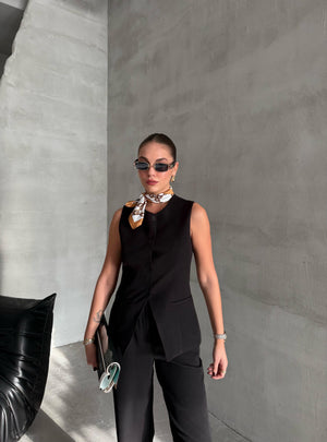 Siyah Camille Klasik Düğmeli Yelek Pantolon Takım