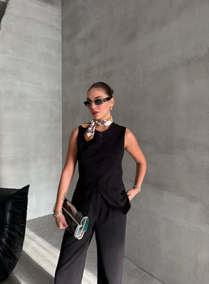 Siyah Camille Klasik Düğmeli Yelek Pantolon Takım