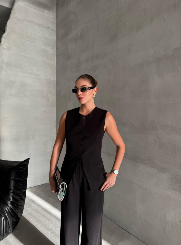 Siyah Camille Klasik Düğmeli Yelek Pantolon Takım