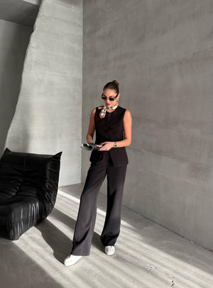 Siyah Camille Klasik Düğmeli Yelek Pantolon Takım