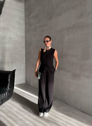 Siyah Camille Klasik Düğmeli Yelek Pantolon Takım