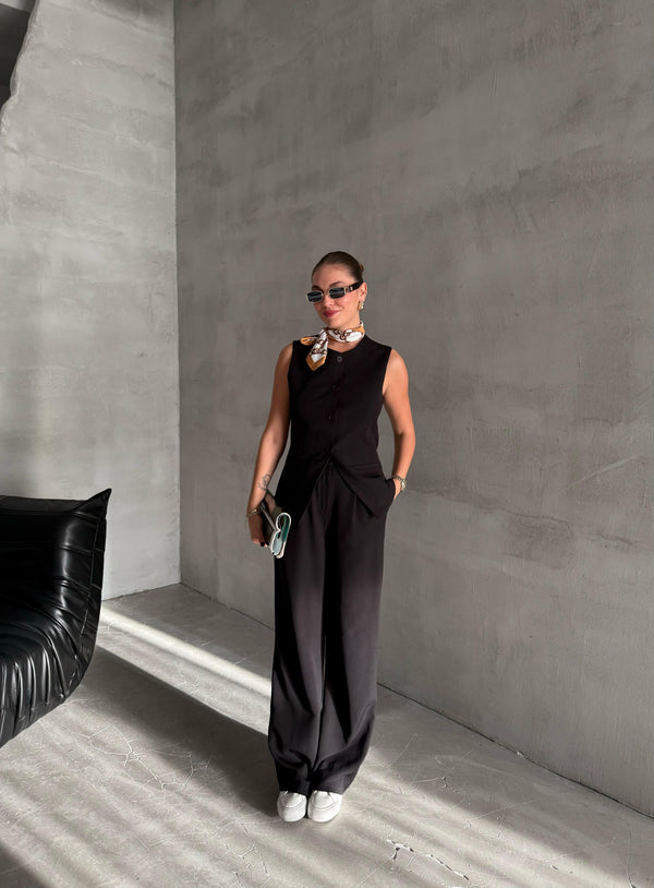 Siyah Camille Klasik Düğmeli Yelek Pantolon Takım