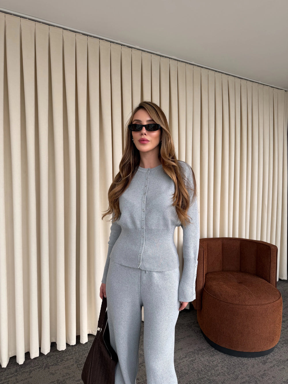 Gri Çıtçıt Düğmeli Triko Takım - 904