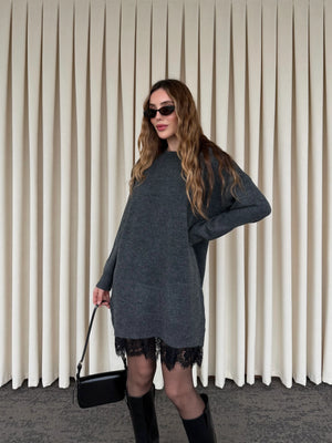 Antrasit Dantelli Kısa Triko Elbise - 251008