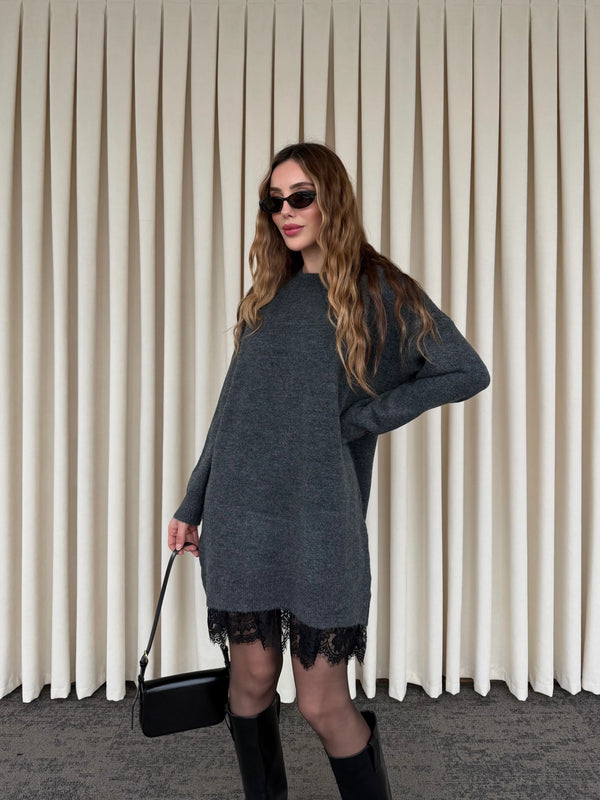 Antrasit Dantelli Kısa Triko Elbise - 251008