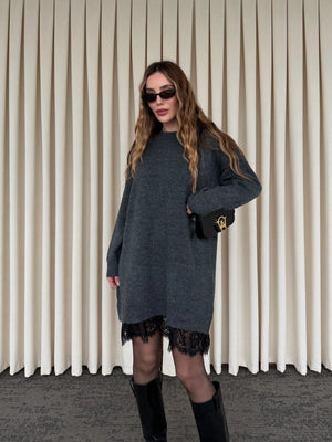 Antrasit Dantelli Kısa Triko Elbise - 251008