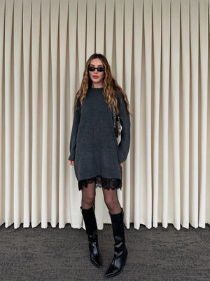 Antrasit Dantelli Kısa Triko Elbise - 251008