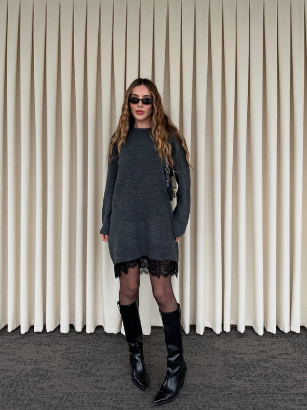 Antrasit Dantelli Kısa Triko Elbise - 251008