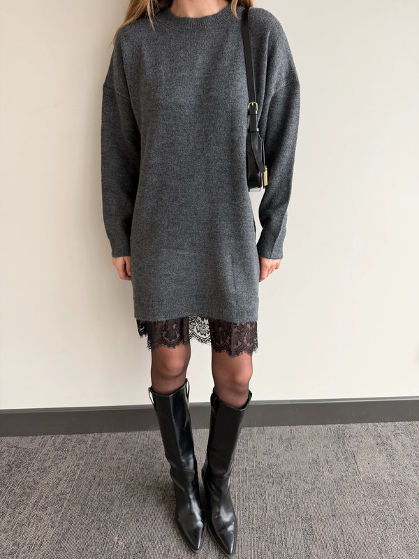 Antrasit Dantelli Kısa Triko Elbise - 251008