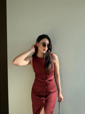 Siyah Düğmeli Kemerli Gabardin Elbise - 5002