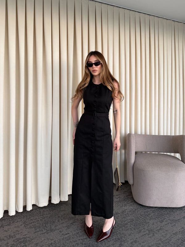 Siyah Düğmeli Kemerli Gabardin Elbise - 5002