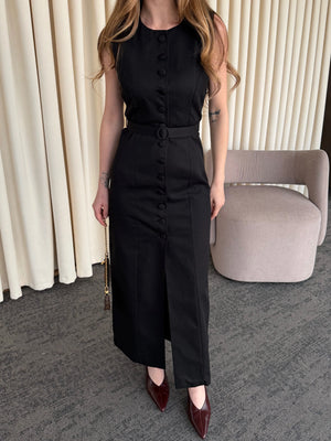 Siyah Düğmeli Kemerli Gabardin Elbise - 5002