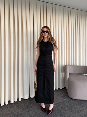 Siyah Düğmeli Kemerli Gabardin Elbise - 5002