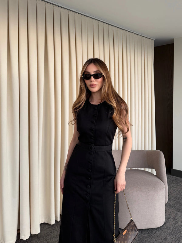 Siyah Düğmeli Kemerli Gabardin Elbise - 5002