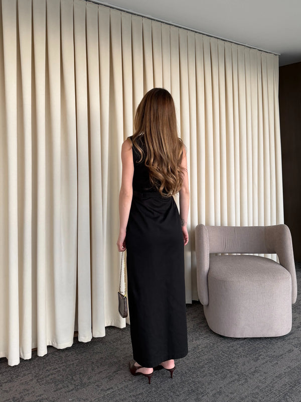 Siyah Düğmeli Kemerli Gabardin Elbise - 5002