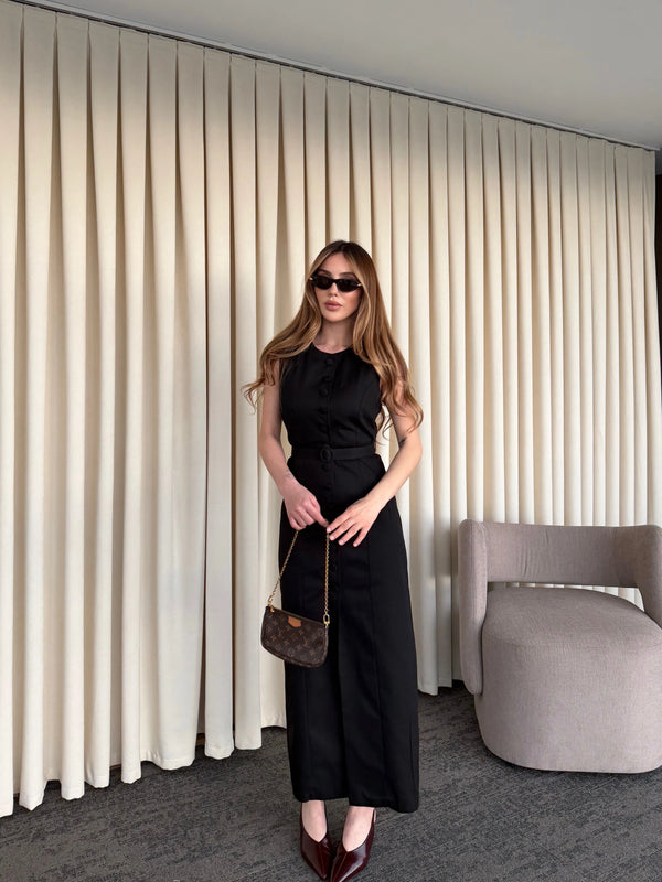 Siyah Düğmeli Kemerli Gabardin Elbise - 5002