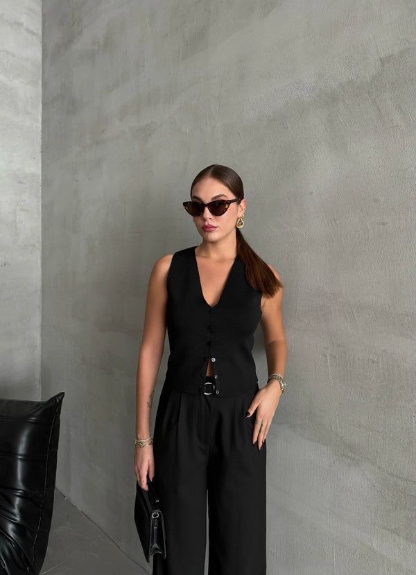 Siyah Elenor Çıtçıt Düğmeli Triko Yelek