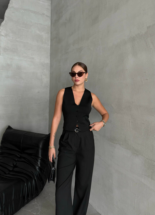 Siyah Elenor Çıtçıt Düğmeli Triko Yelek