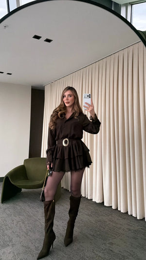 Kahverengi Etek Ucu Dantel Detaylı Elbise - 35518