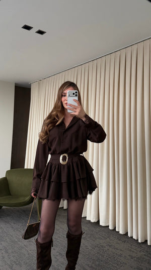 Kahverengi Etek Ucu Dantel Detaylı Elbise - 35518