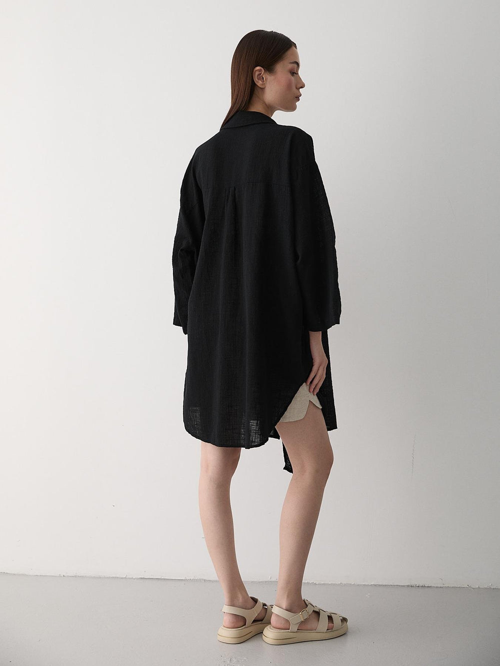 Siyah Flam Keten Kimono Gömlek
