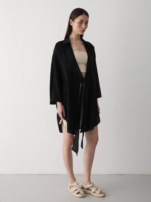 Siyah Flam Keten Kimono Gömlek