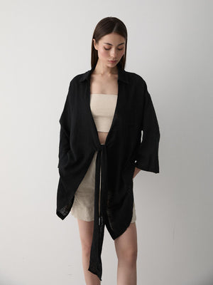 Siyah Flam Keten Kimono Gömlek