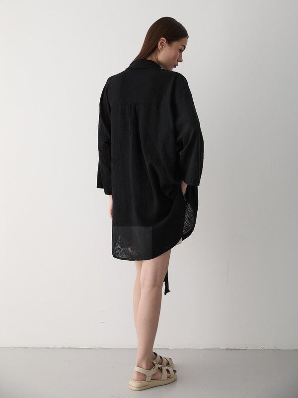 Siyah Flam Keten Kimono Gömlek