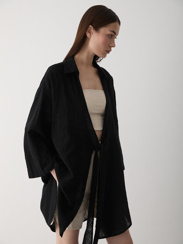Siyah Flam Keten Kimono Gömlek