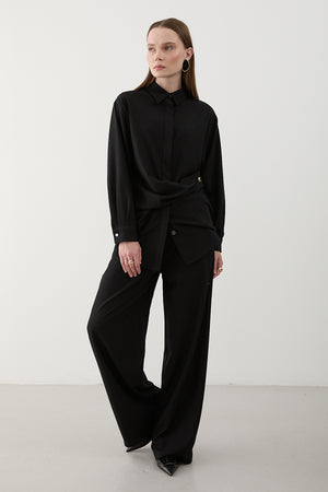 Siyah Gold Aksesuar Düğmeli Gömlek Pantolon Takım - 8856