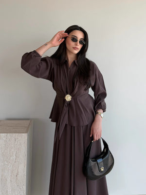 Kahverengi Güneş Tokalı Bluz Etek Takım - 51345