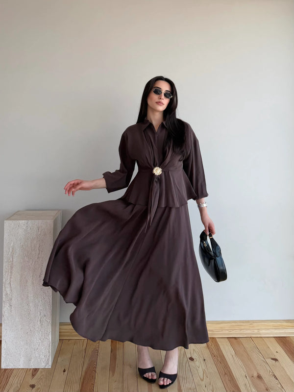 Kahverengi Güneş Tokalı Bluz Etek Takım - 51345