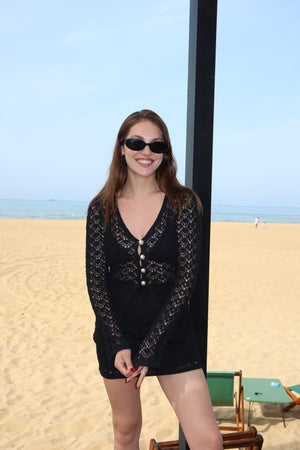 Siyah İnci Düğmeli Hırka Etek Takım