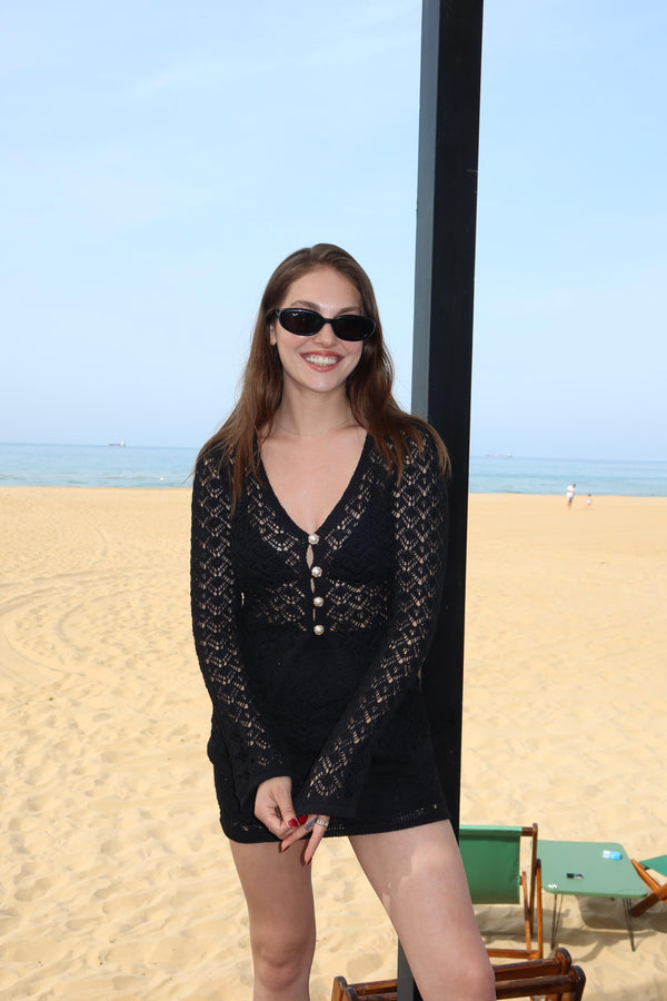 Siyah İnci Düğmeli Hırka Etek Takım