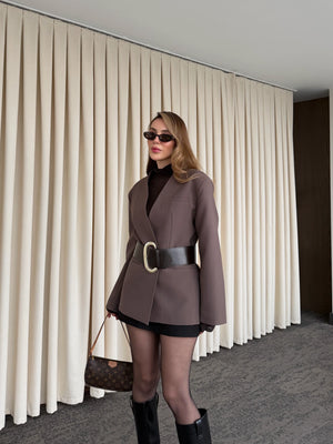 Kahverengi Kemerli Atlas Ceket - 9691