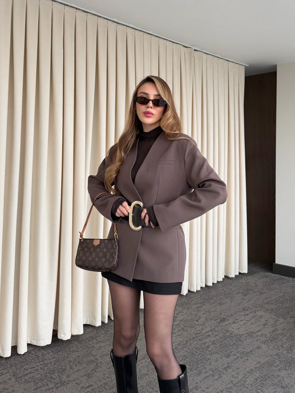 Kahverengi Kemerli Atlas Ceket - 9691