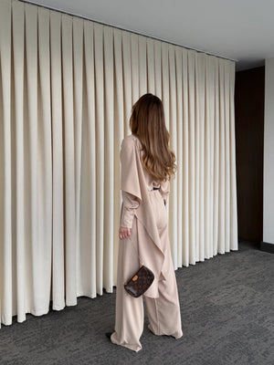 Bej Kemerli Şal Yaka Gömlek Pantolon Takım - 8004