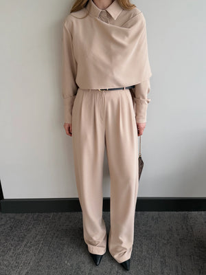 Bej Kemerli Şal Yaka Gömlek Pantolon Takım - 8004