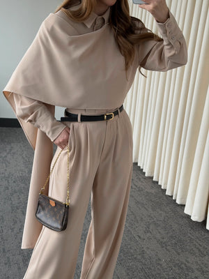 Bej Kemerli Şal Yaka Gömlek Pantolon Takım - 8004